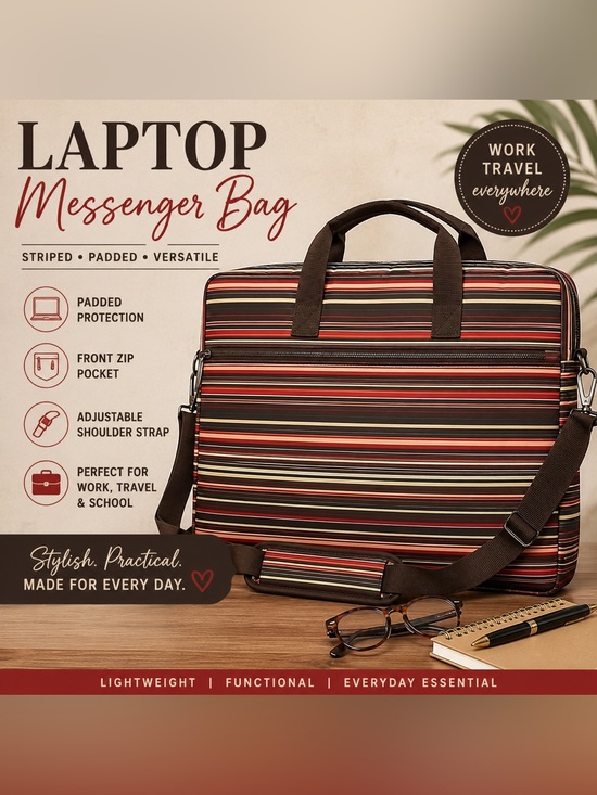 None Handbags - Laptop Briefcase Messenger Bag Brown Red Striped Padded Computer Bag